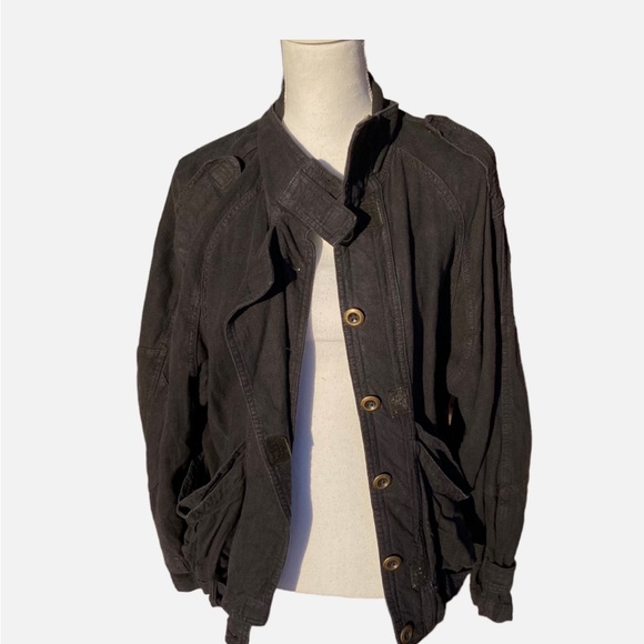 Free People Jayde Safari Jacket Black Long Sleeve Linen Women's Sz Med - Picture 2 of 14